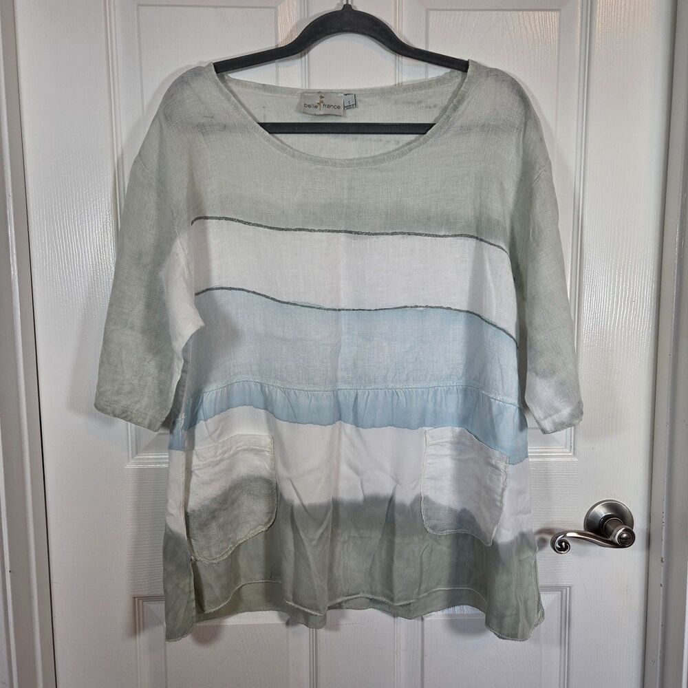 Belle France Womens SMALL Linen Tie Dye Striped SS Flowy Top Made in Italy